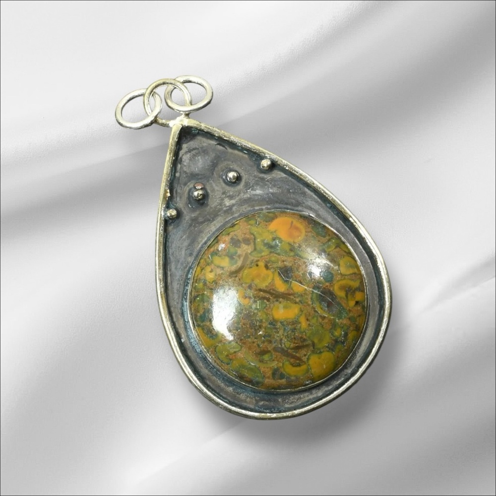 Artisan FRUIT JASPER Teardrop Pendant with Green and Yellow Hand Crafted #9140 - Picture 4 of 15